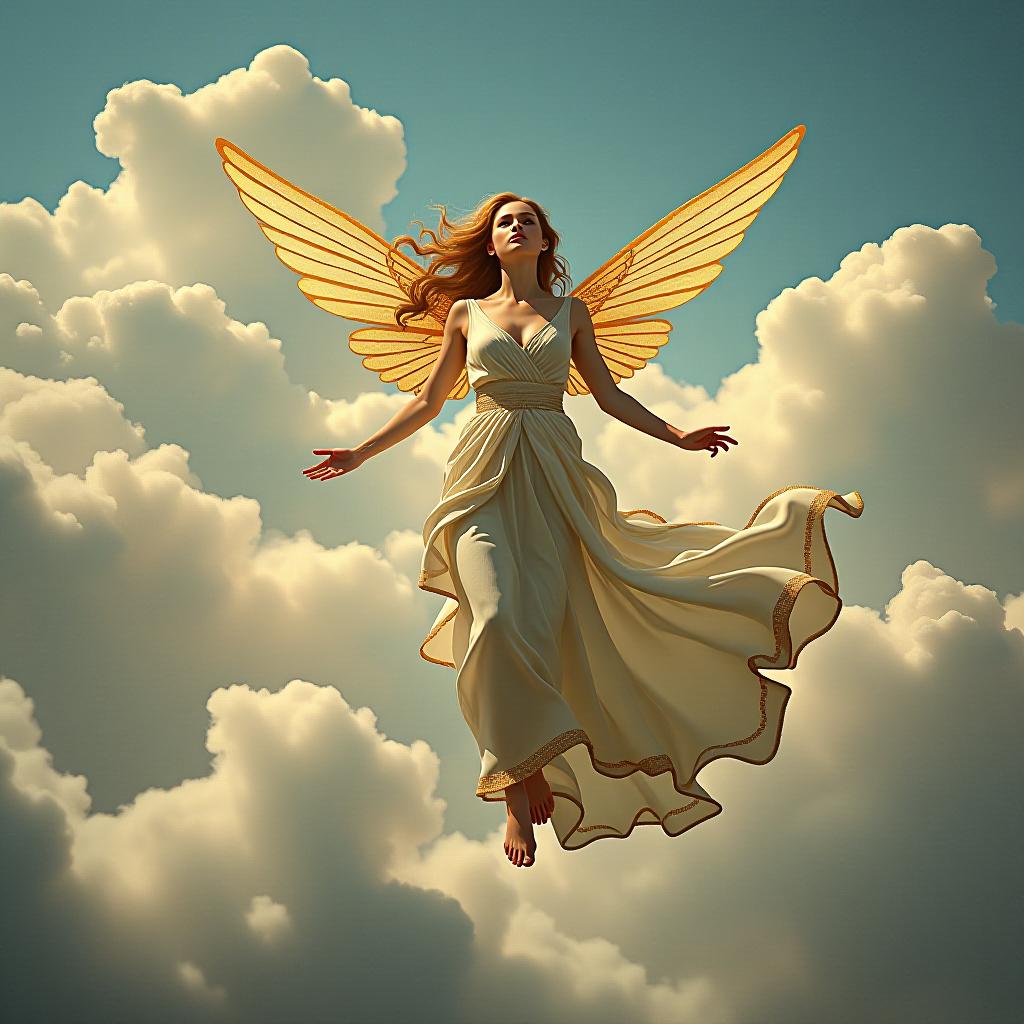  create a metaphorical map depicting a woman of the air element, portraying her as a fairy in the clouds.