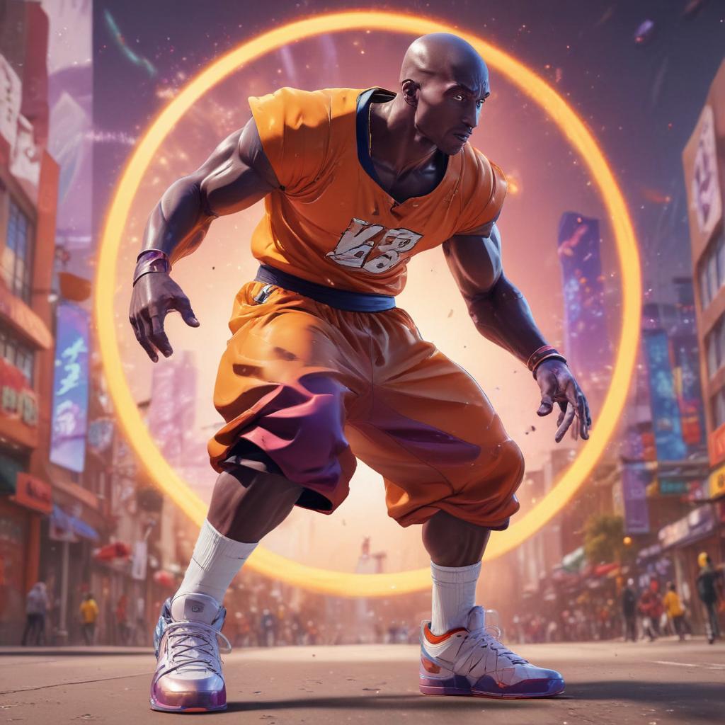 distance-shot, flashy, full-body, dynamic, holographic, animated cartoon poster of kobe scene in the style of dragon ball super