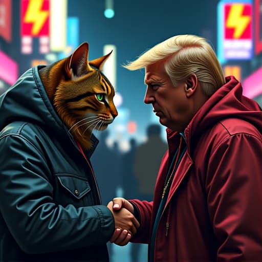  in a vibrant, urban setting, hemule, the anthropomorphic tabby cat with striking green eyes, in edgy streetwear, shakes hands with trump in a comic book like style, blending rebellious charisma with cypherpunk vibes. hyperrealistic, full body, detailed clothing, highly detailed, cinematic lighting, stunningly beautiful, intricate, sharp focus, f/1. 8, 85mm, (centered image composition), (professionally color graded), ((bright soft diffused light)), volumetric fog, trending on instagram, trending on tumblr, HDR 4K, 8K