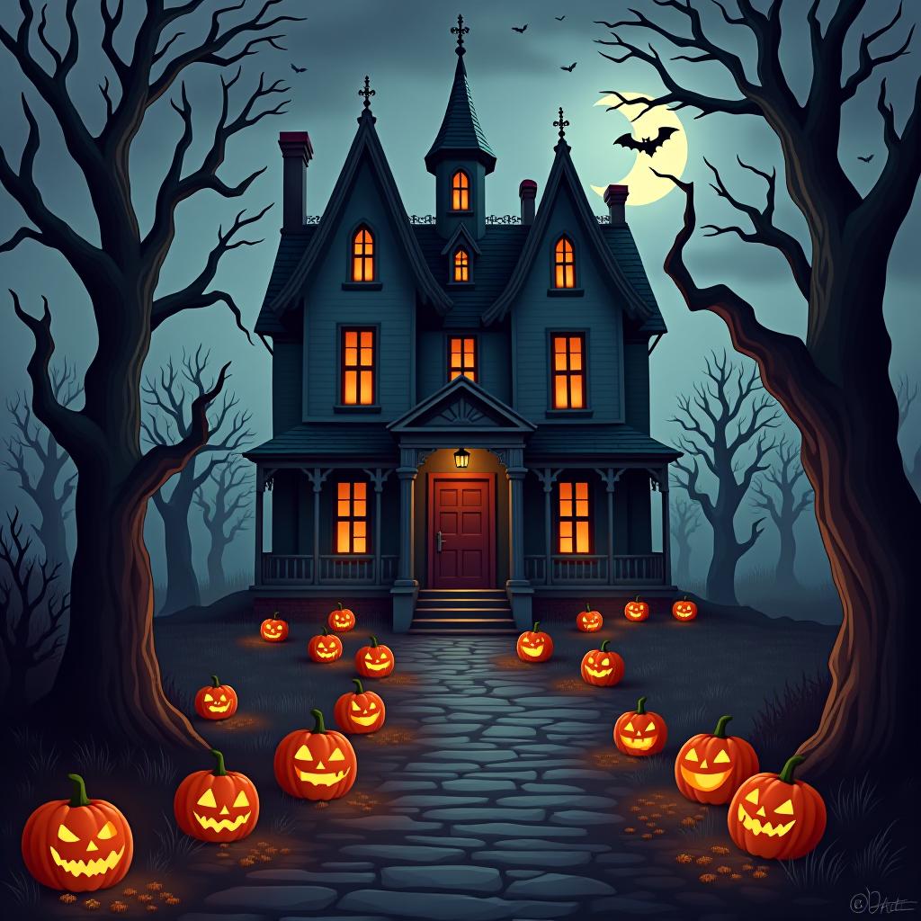  create a seamless digital painting of a spooky, halloween themed scene featuring a haunted house with gothic architecture. the house should be surrounded by twisted, gnarled trees and a multitude of jack o' lanterns. the scene should include a dark, cloudy sky to enhance the eerie atmosphere. the overall style should be detailed and atmospheric, capturing the essence of a haunted, creepy environment perfect for halloween, ensuring the design is seamless for use in repeating patterns or wraps.