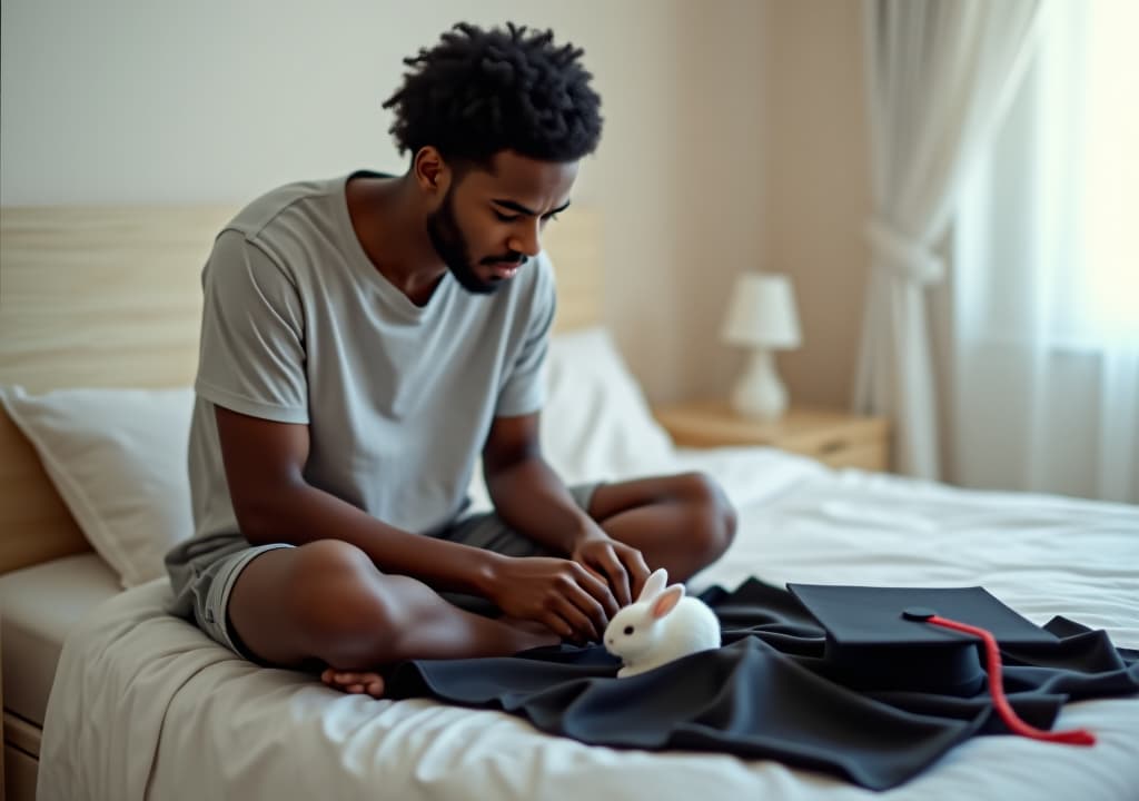  a young black african man in his twenties, wearing casual shorts and a simple t shirt, sits on the edge of a neatly made bed in a softly lit room. the bed is covered with a black graduation dress and a small white rabbit, carefully placed side by side. the man looks down at the items with a thoughtful expression, gently inspecting them as he sits in a contemplative posture