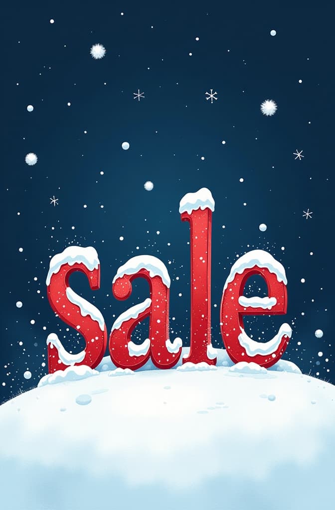  flat illustration, flaticon, (illustration:1.15), letters "sale" standing on a snowdrift, with small snowdrifts on the letters, it's snowing, whimsical tiny snowflakes falling down, dark background, sparkling snow, the font is simple and minimalistic, winter atmosphere, watercolor illustration ar 2:3, [cory loftis, strobist, pascal campion :: 0.2]