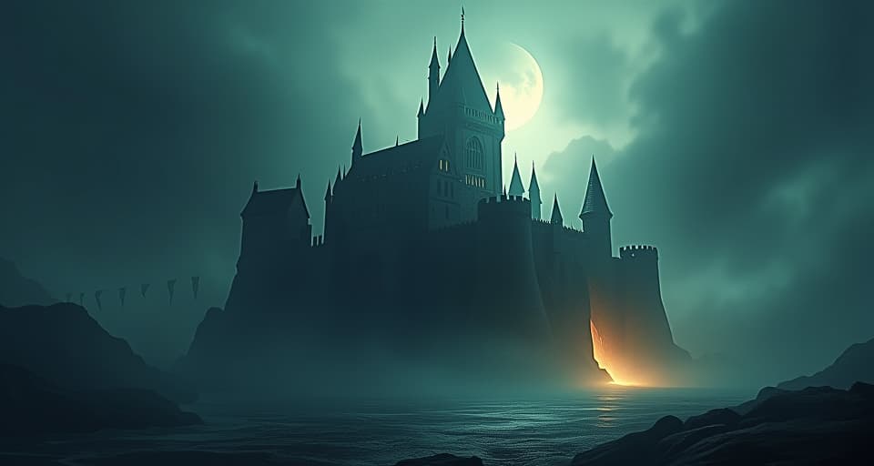  a crumbling dark castle, surrounded by an encroaching, radiant light. embodying the fall of power, ethereal transition, light overpowering darkness.. the style is digital art illustration,highly detailed, whimsical,magical, dreamlike atmosphere, realism and fantasy blend, smooth, glossy textures,luminous quality, wonder and enchantment.