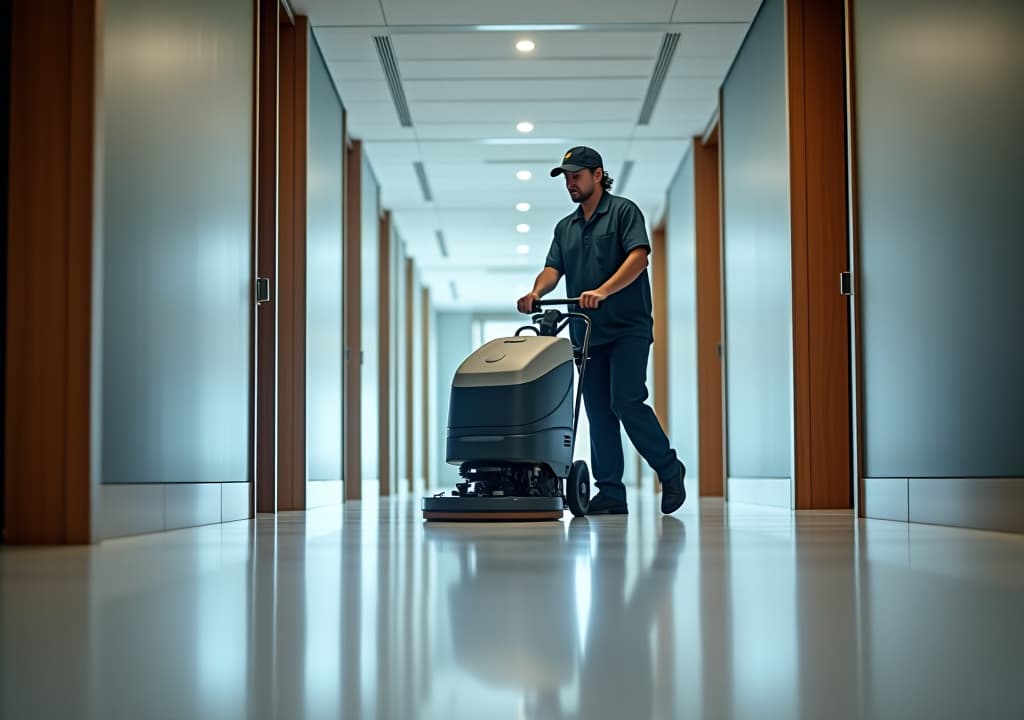  professional janitorial staff using an industrial floor buffer machine for cleaning and polishing the hallway of a modern corporate or commercial building, high quality, high details, hd, perfect composition, 4k epic detailed, highly detailed, sharp focus, high resolution