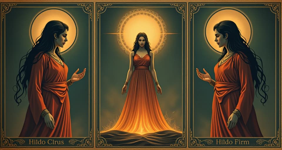  figures of ancient gods and goddesses glowing from within, ethereal, divine connection, radiance. an illustration in the style of a worn, mystical old tarot trump card, mysterious and elements of surrealism. the colors are muted, somber and eerie, but with contrast bring out an occult and esoteric vibe.