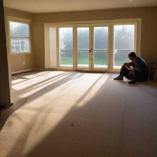 A photo of a water damage restoration technician inspecting a soaked and damaged living room in a suburban home during the late afternoon with warm, soft sunlight streaming through the windows, casting long shadows across the waterlogged carpet and furniture.