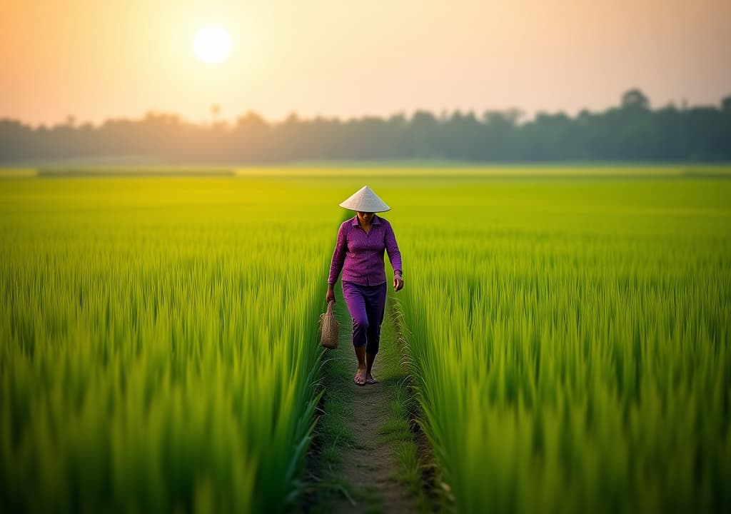  a woman farmer walking in a green rural rice field in the morning