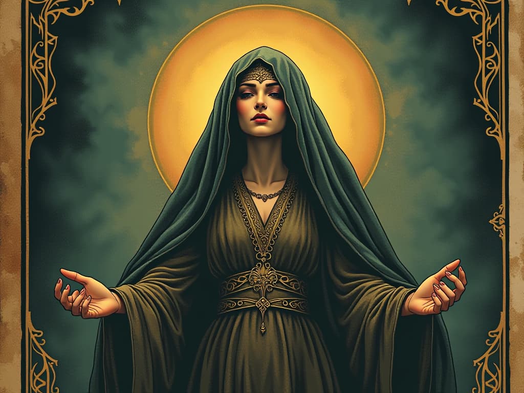  guided by force, figure with serene face, ethereal light surrounding, mystical aura, sense of purpose, tranquil strength. an illustration in the style of a worn, mystical old tarot trump card, mysterious and elements of surrealism. the colors are muted, somber and eerie, but with contrast bring out an occult and esoteric vibe.