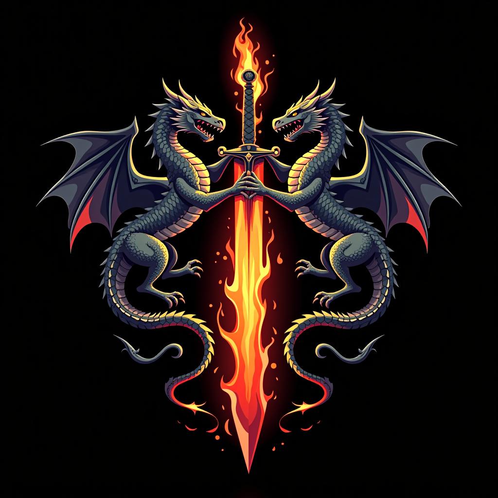  logo, custom sticker design on an isolated black background decorated by mythical dragons and a flaming sword