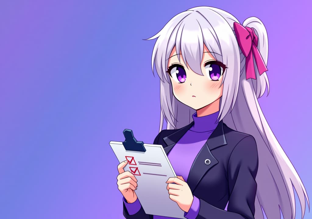  good quality, high quality, a profile picture for a telegram group management bot featuring emilia from re:zero. emilia is depicted with her silver hair and purple eyes, holding a stylized clipboard with a checklist. the background is a soft gradient of purple and blue, symbolizing efficiency and organization.