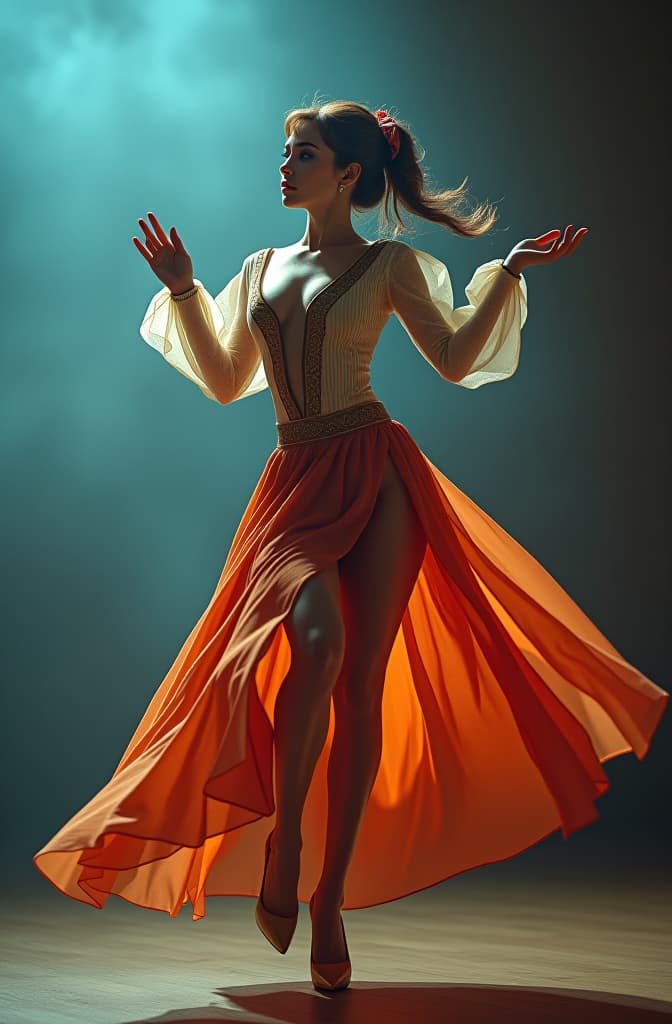  mujer bailando retro hyperrealistic, full body, detailed clothing, highly detailed, cinematic lighting, stunningly beautiful, intricate, sharp focus, f/1. 8, 85mm, (centered image composition), (professionally color graded), ((bright soft diffused light)), volumetric fog, trending on instagram, trending on tumblr, HDR 4K, 8K