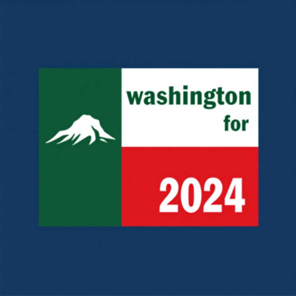  a tshirt design inspired by the washington state flag. the left side features a green vertical stripe with a large mountain in the center. the right side is divided into two horizontal sections: the top section is white with the text 'washington for' in bold, green, uppercase letters, and the bottom section is red with the text 'harris walz 2024' in bold, white, uppercase letters. the overall layout is clean and straightforward, with a clear and patriotic color scheme of blue, white, and red.