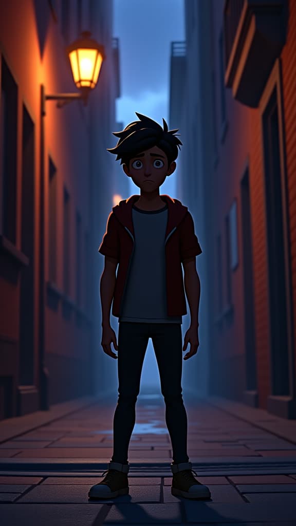  pixar style 3d animation, conflicted young man in shadows, dark alley background, dynamic lighting, vibrant colors, detailed textures