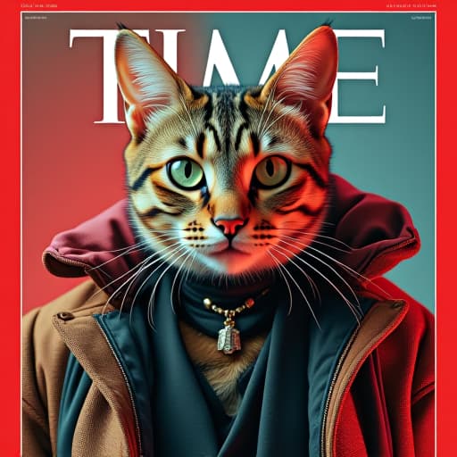  in a vibrant and abstract representation, create a time magazine person of the year cover featuring hemule, the anthropomorphic light brown tabby cat. hemule's rebellious and tough persona should be conveyed through the dynamic composition, utilizing non representational forms such as bold shapes, vivid colors, and intriguing textures. capture hemule's charismatic and edgy vibe with a mix of brown, black, and grey stripes and markings, complemented by striking green eyes that exude confidence. emphasize hemule's immaculate style in a way that transcends literal interpretation, infusing the image with a sense of movement and energy through geometric patterns or organic shapes. let the cover radiate with hemule's presence, making a bold state hyperrealistic, full body, detailed clothing, highly detailed, cinematic lighting, stunningly beautiful, intricate, sharp focus, f/1. 8, 85mm, (centered image composition), (professionally color graded), ((bright soft diffused light)), volumetric fog, trending on instagram, trending on tumblr, HDR 4K, 8K