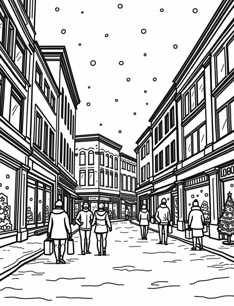  this is for an adult coloring page. a detailed black and white line art of a snowy snowy downtown scene with holiday shoppers on a solid white background.