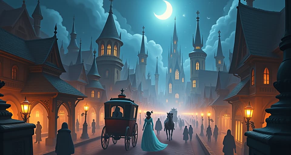  magical cityscape with ethereal beings, whimsical carriages, and chiming bells, atmosphere of swirling noise and chaos of the enchantment. the style is digital art illustration,highly detailed, whimsical,magical, dreamlike atmosphere, realism and fantasy blend, smooth, glossy textures,luminous quality, wonder and enchantment.