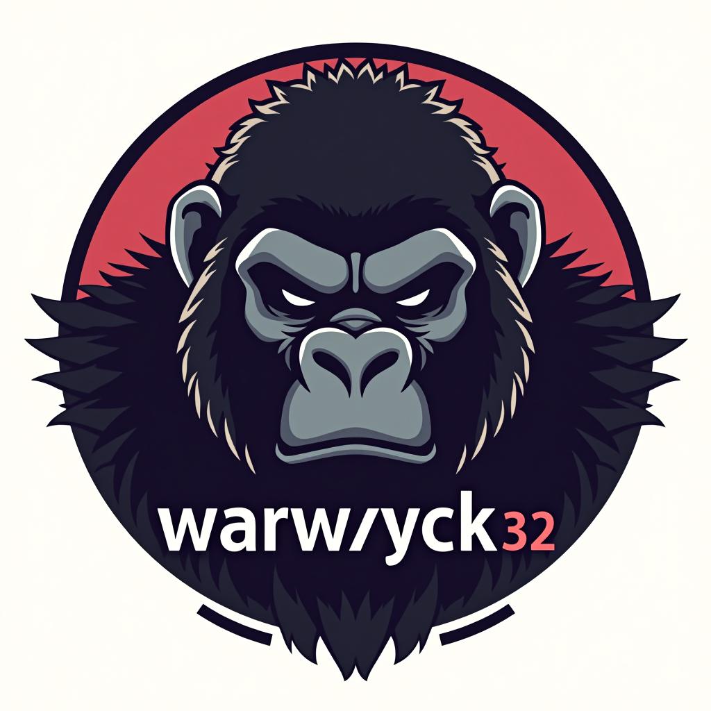  design a logo, in a minimalism style. electronic gorilla, with the text 'warwyck 32'.