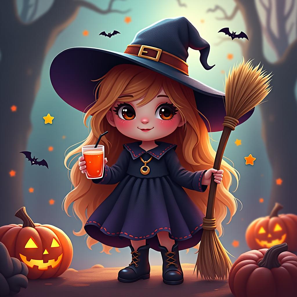  create a digital painting featuring a cute witch character. the witch should be wearing a hat. in one hand, the witch should hold a broomstick, and in the other hand, a halloween themed drink. the background should be colorful and include small black bats, pumpkins and stars to add a playful halloween touch. the overall style should be cute, whimsical, and colorful hyperrealistic, full body, detailed clothing, highly detailed, cinematic lighting, stunningly beautiful, intricate, sharp focus, f/1. 8, 85mm, (centered image composition), (professionally color graded), ((bright soft diffused light)), volumetric fog, trending on instagram, trending on tumblr, HDR 4K, 8K