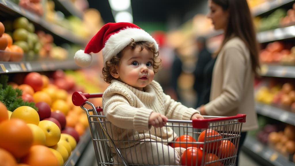  a cute curly haired baby in a santa hat and a light warm knitted sweater sits in a large grocery cart, his mother chooses fruits in the supermarket section, a festive atmosphere reigns around {prompt}, maximum details