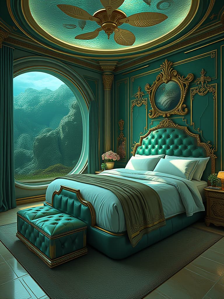  a luxurious mermaid mansion bedroom in the deep sea. the house is round li and big metallic green and gold ver shiny . with mermaid luxurious mermaid bed