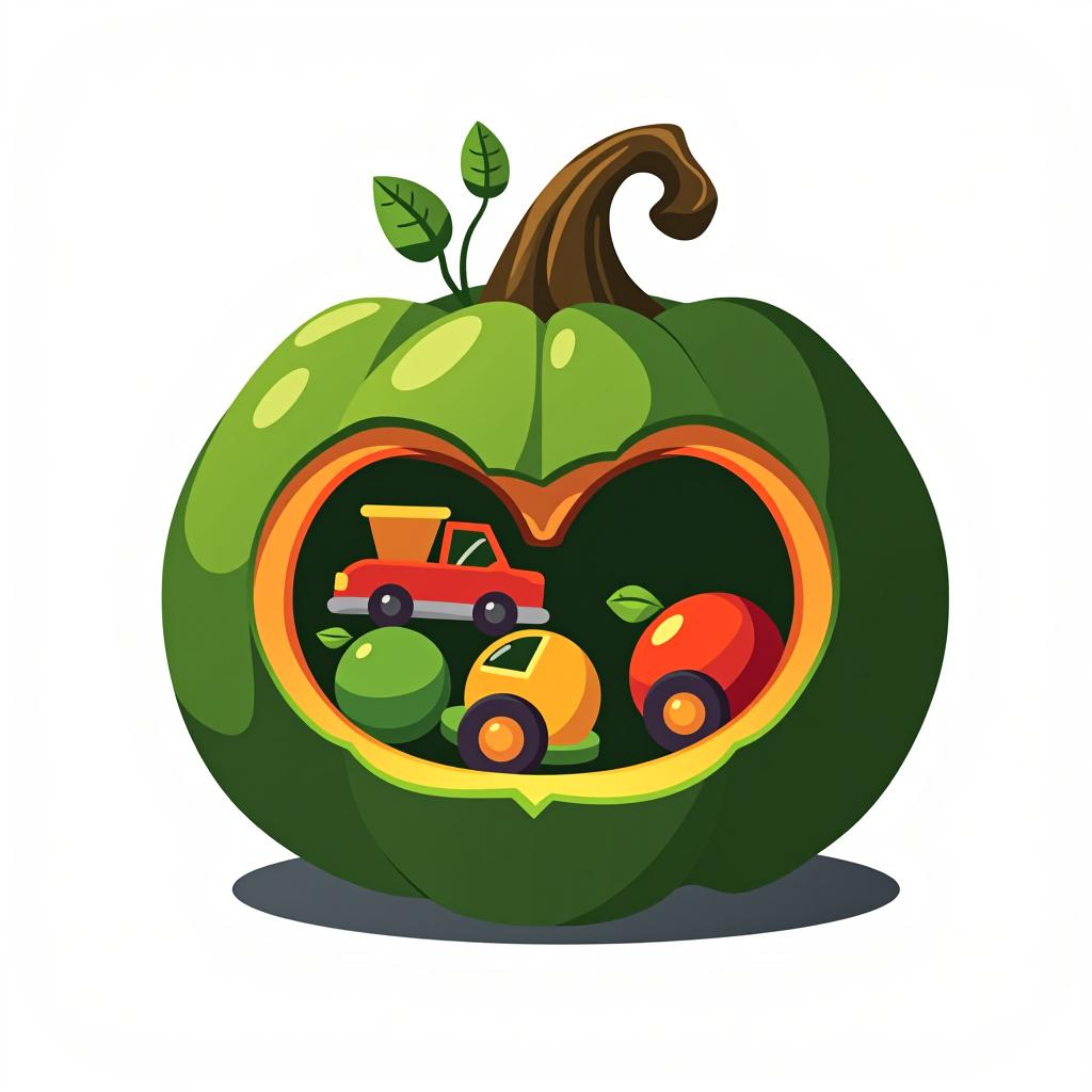  design a logo, una calabaza abierta con autos de juguete y lapiceras adentro