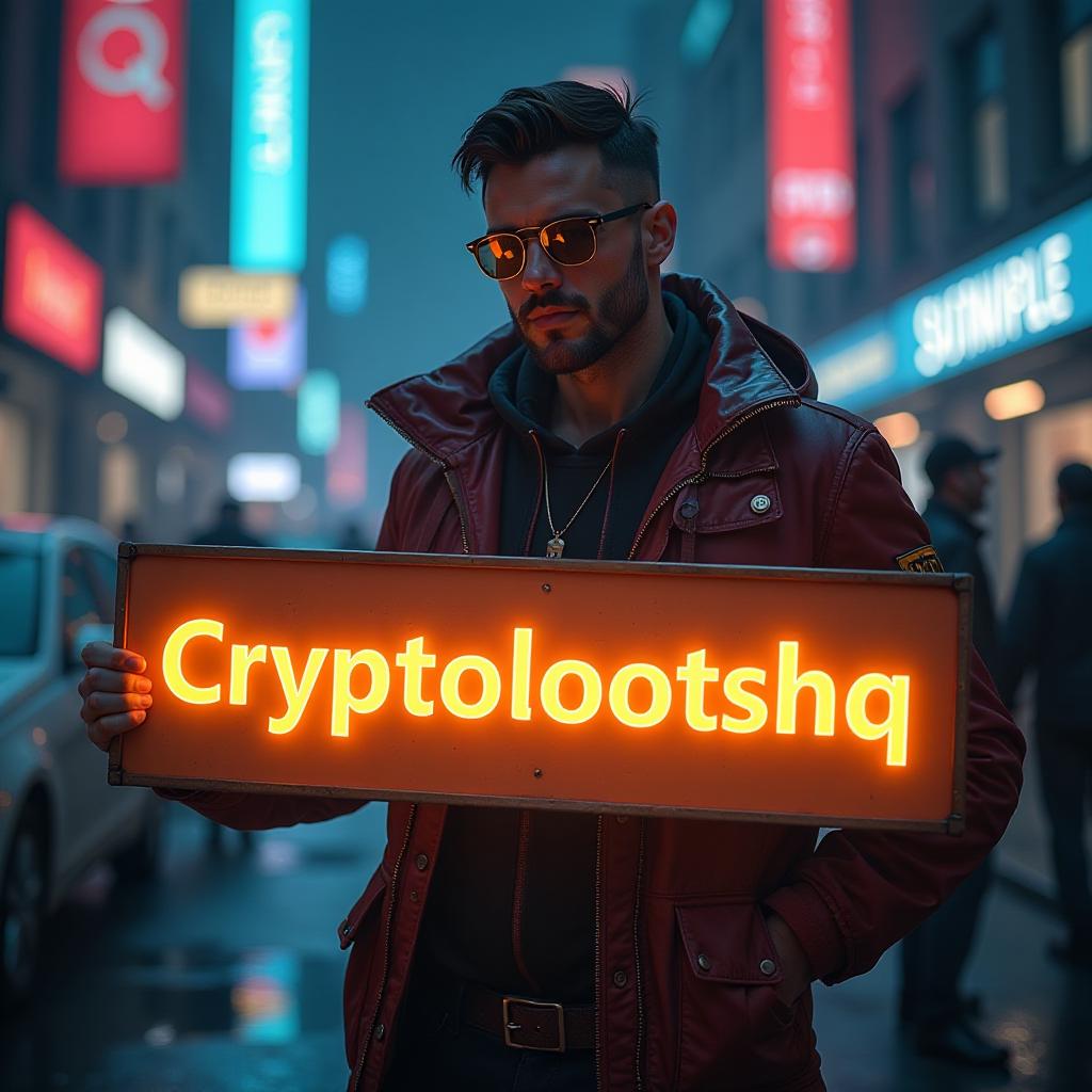  a cyberpunk styled man holding a billboard 'cryptolootshq' written with glowing words in cyberpunk style, and a glowing small dollar logo near the text and in background there's an airdrop. negative prompt: "blurry details, distorted facial features, exaggerated body proportions, unnatural lighting, awkward posture, low image quality, messy background, overly sharp shadows, disproportionate limbs, overly harsh facial expressions." hyperrealistic, full body, detailed clothing, highly detailed, cinematic lighting, stunningly beautiful, intricate, sharp focus, f/1. 8, 85mm, (centered image composition), (professionally color graded), ((bright soft diffused light)), volumetric fog, trending on instagram, trending on tumblr, HDR 4K, 8K