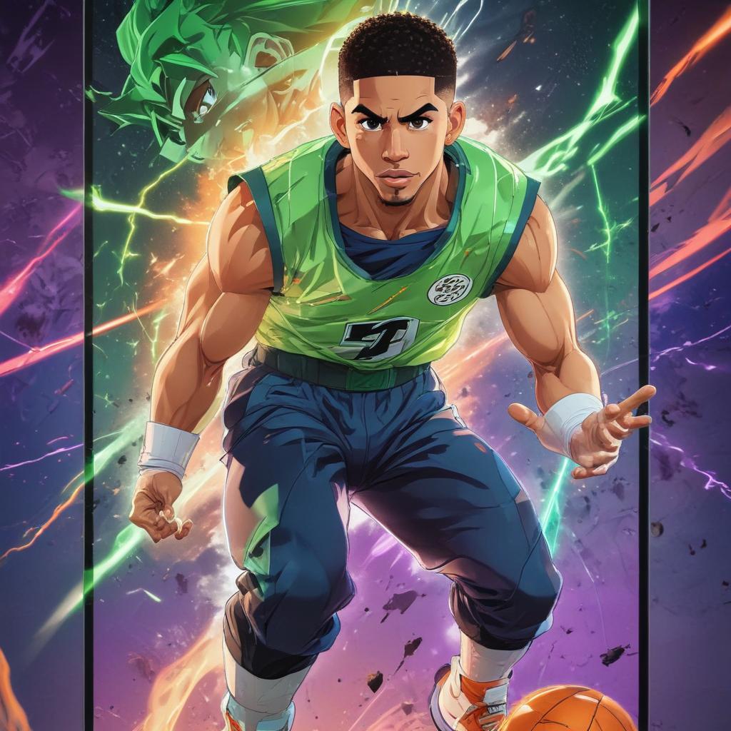 distance-shot, flashy, full-body, dynamic, holographic, animated cartoon poster of jayson tatum in the style of dragon ball super