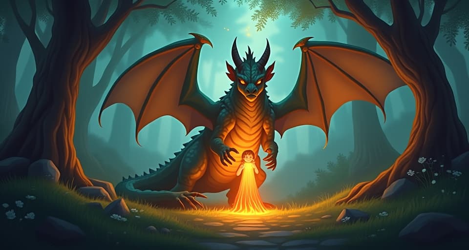  an enchanted forest scene where a dragon's protective stance shields a vulnerable being, fire blazing in the dragon's eyes as a warning to wrongdoers.. the style is digital art illustration,highly detailed, whimsical,magical, dreamlike atmosphere, realism and fantasy blend, smooth, glossy textures,luminous quality, wonder and enchantment.