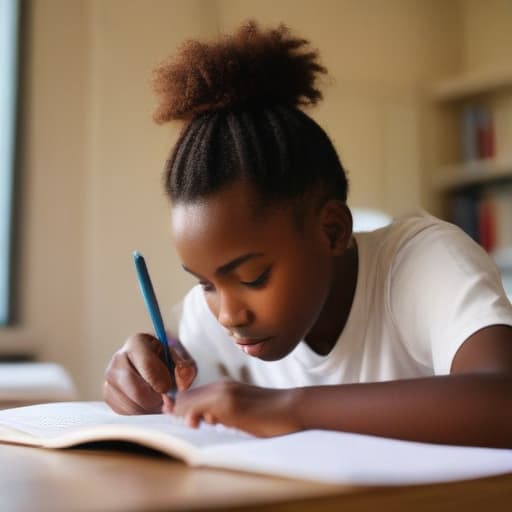 An image of an african teenager, writing an essay