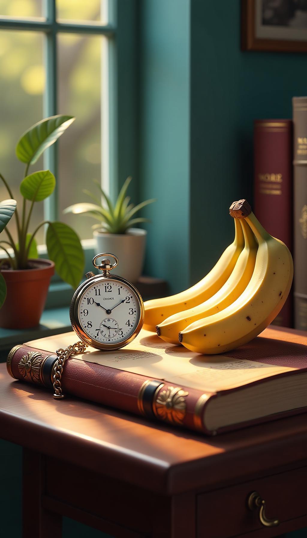  create a high quality, photorealistic image that vividly depicts the following scene: "photograph a hyper realistic, lively scene featuring an eccentric and bright microcosm stage. one side is adorned with a classic pocket watch, its slim needle ticking away swiftly symbolizing fleeting moments. on the opposite side, a bunch of mature bananas are laid gracefully over an exquisitely bound parchment book as an allusion to their classification as berries. a sudden gush of wind swoops in, sending a cap into the air to evoke an element of spontaneity. highlight the scene with glowing, soft light to bring out the lively hues, intricate textures, and reflective features. shoot with a canon eos r6, a 50mm lens, at f/2.5, iso 200, 1/60s, 8k res hyperrealistic, full body, detailed clothing, highly detailed, cinematic lighting, stunningly beautiful, intricate, sharp focus, f/1. 8, 85mm, (centered image composition), (professionally color graded), ((bright soft diffused light)), volumetric fog, trending on instagram, trending on tumblr, HDR 4K, 8K