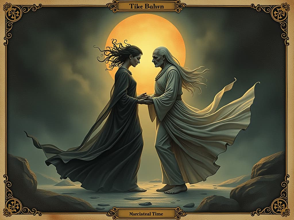  a dual figure, one side glowing with youth, the other with age, intertwined in a dance, radiant with life force, articulates depth of soul's experience, oscillation of time. an illustration in the style of a worn, mystical old tarot trump card, mysterious and elements of surrealism. the colors are muted, somber and eerie, but with contrast bring out an occult and esoteric vibe.