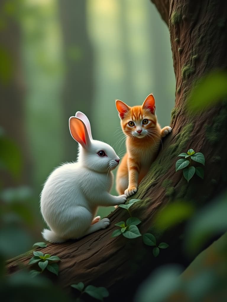  a white rabbit and a orange cat on the tree,forest. photo realistic, highly intricate and detailed, masterpiece, ultra high res,photography,8k resolution