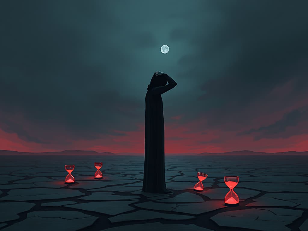  a solitary figure standing on a cracked, desolate plain under a dim twilight sky, the ground littered with broken hourglasses. the figure clutches their head in despair as the realization of time's passage and lost opportunities hits them.. the style is dark fantasy and mysterious occult, symbolic, moody lighting, esoteric vibe,high detail on character design. for the color scheme emphasize blacks and reds.