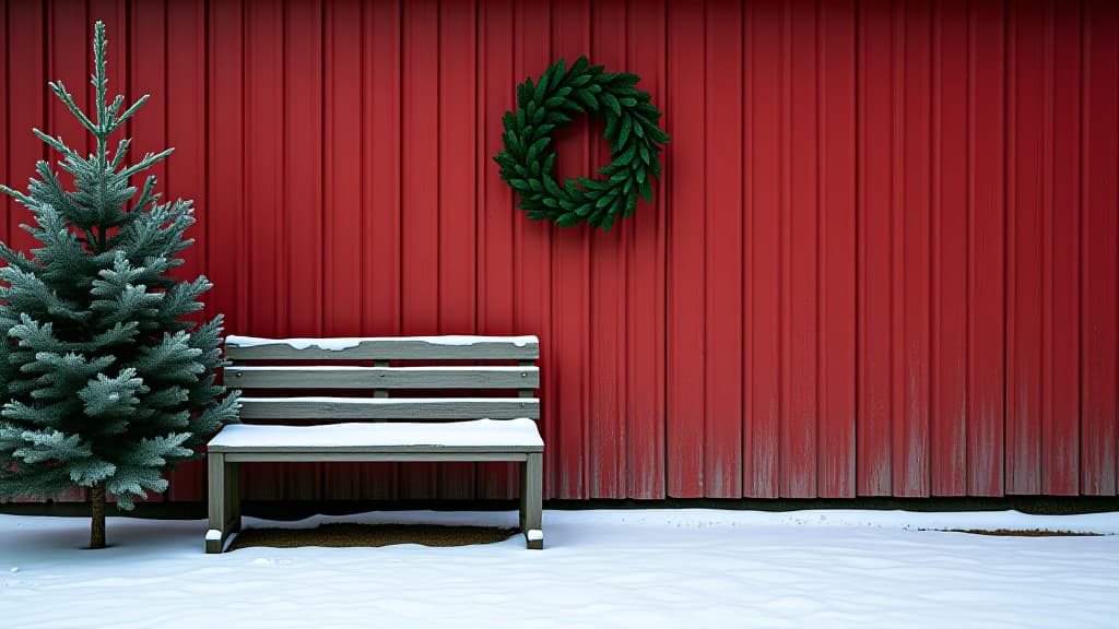  festive winter scene with a wooden bench, decorated green wreath, red wooden wall, and snow on the ground, perfect for holiday backgrounds.