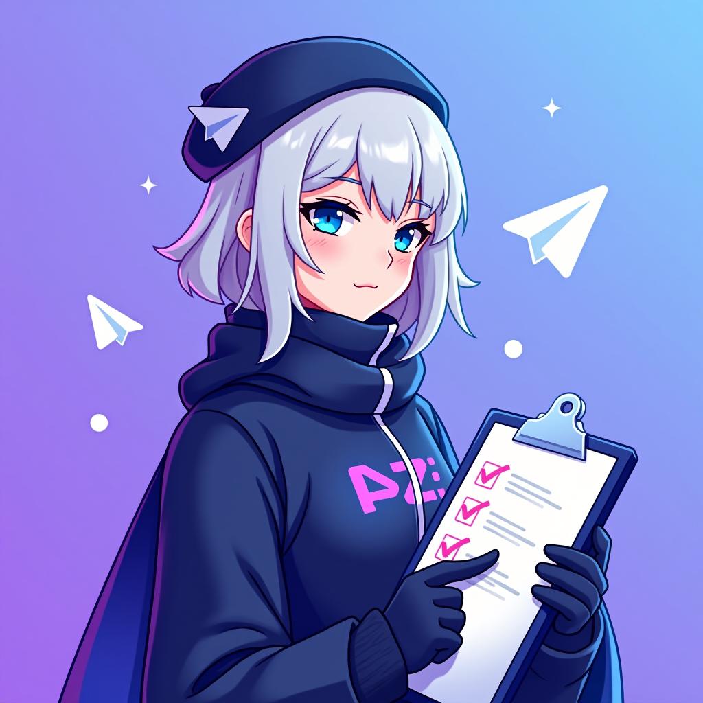  good quality, high quality, a profile picture for a telegram group management bot featuring emilia from re:zero. emilia is depicted with her silver hair and blue eyes, with hat, holding a stylized clipboard with a checklist. the background is a soft gradient of telegram logo purple and blue, symbolizing efficiency and organization. the telegram iconic logo is subtly integrated into the background, starting small near emilia and gradually growing in size and brightness as it moves outward, blending smoothly with the gradient color, checklist in "admin" "group safety" "ai features" "antisytem"