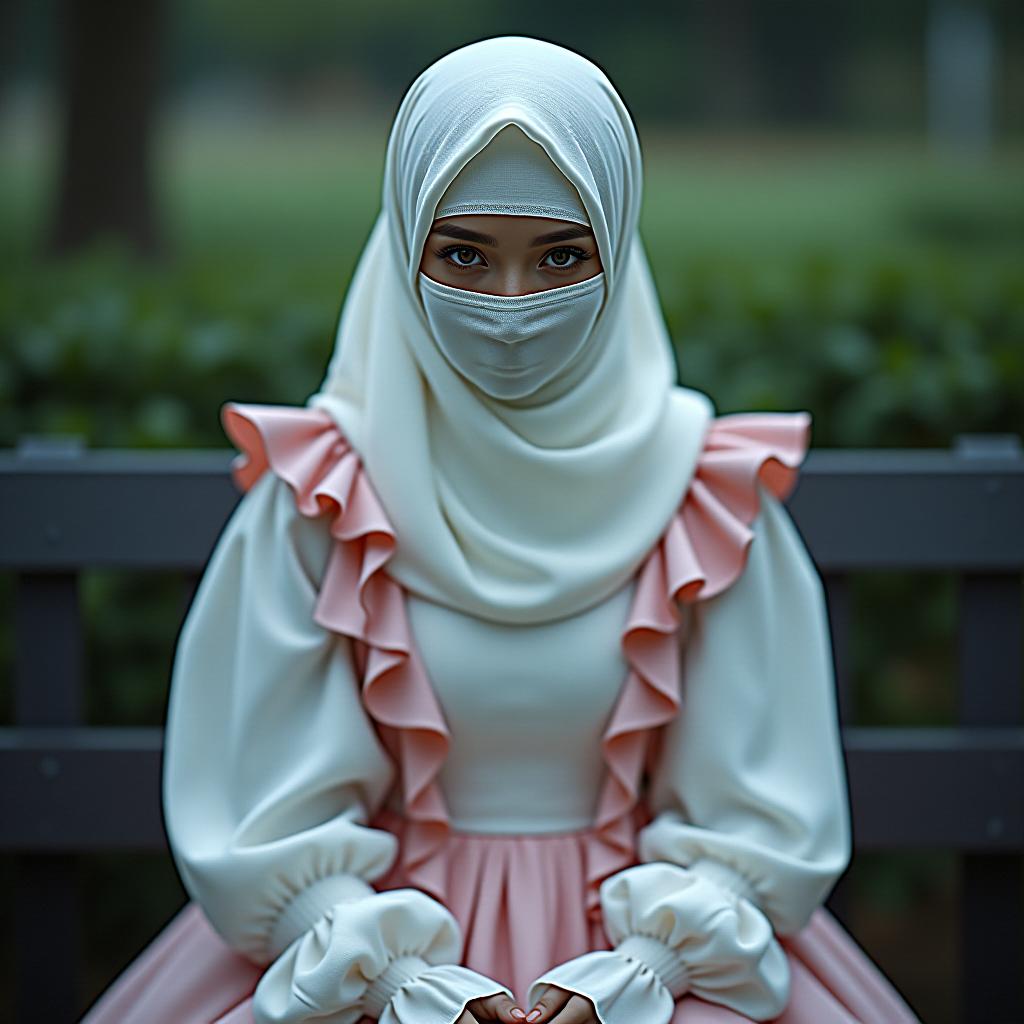  an with white hair wearing pink and white dress her face covered in veil sitting on bench her face having no expressionless her eyes being white hyperrealistic, full body, detailed clothing, highly detailed, cinematic lighting, stunningly beautiful, intricate, sharp focus, f/1. 8, 85mm, (centered image composition), (professionally color graded), ((bright soft diffused light)), volumetric fog, trending on instagram, trending on tumblr, HDR 4K, 8K