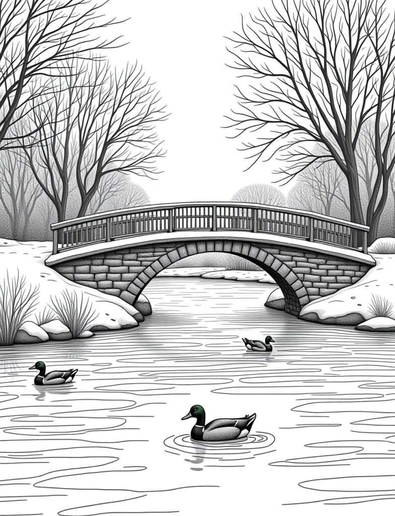  this is for an adult coloring page. a detailed black and white line art of a snowy snowy bridge over a frozen pond with ducks swimming nearby on a solid white background.