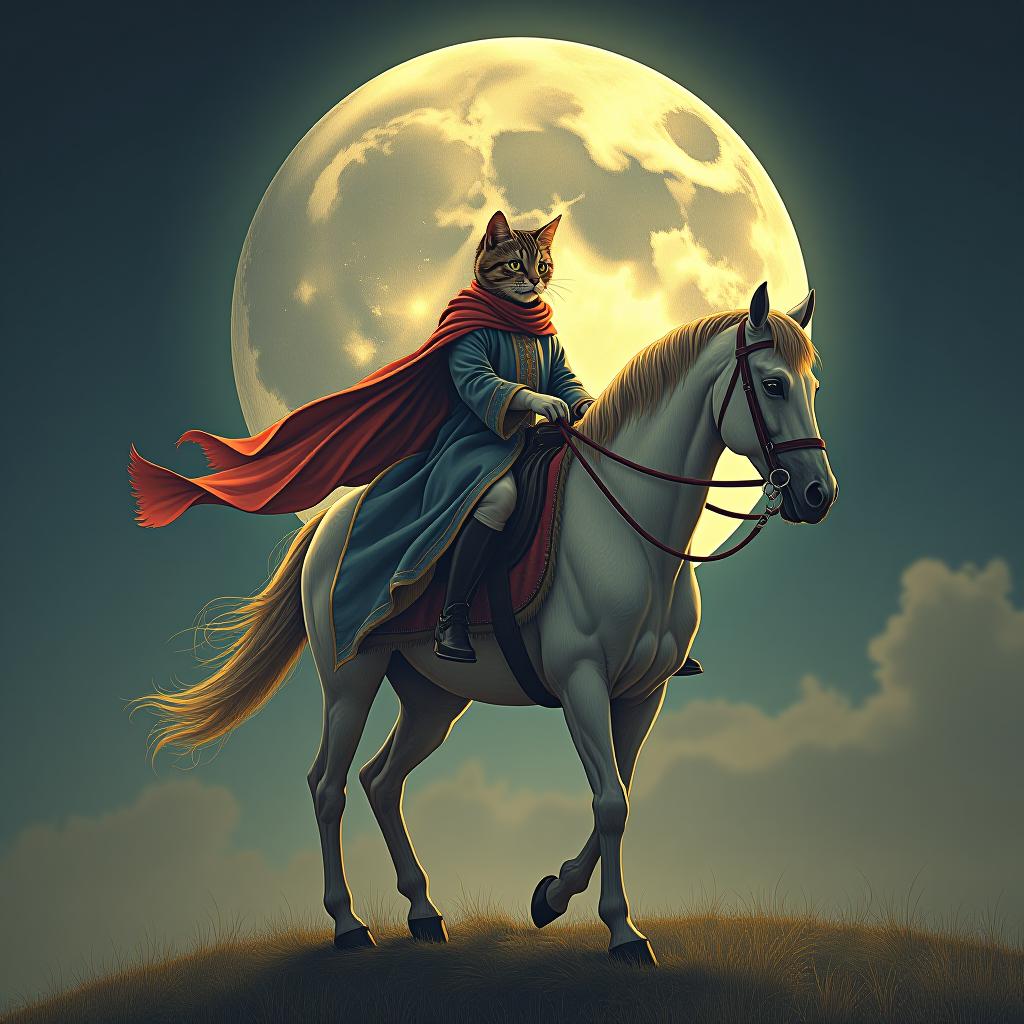  a cat riding a horse, hand drawn, on the moon, studio light, hdr 4k hyperrealistic, full body, detailed clothing, highly detailed, cinematic lighting, stunningly beautiful, intricate, sharp focus, f/1. 8, 85mm, (centered image composition), (professionally color graded), ((bright soft diffused light)), volumetric fog, trending on instagram, trending on tumblr, HDR 4K, 8K