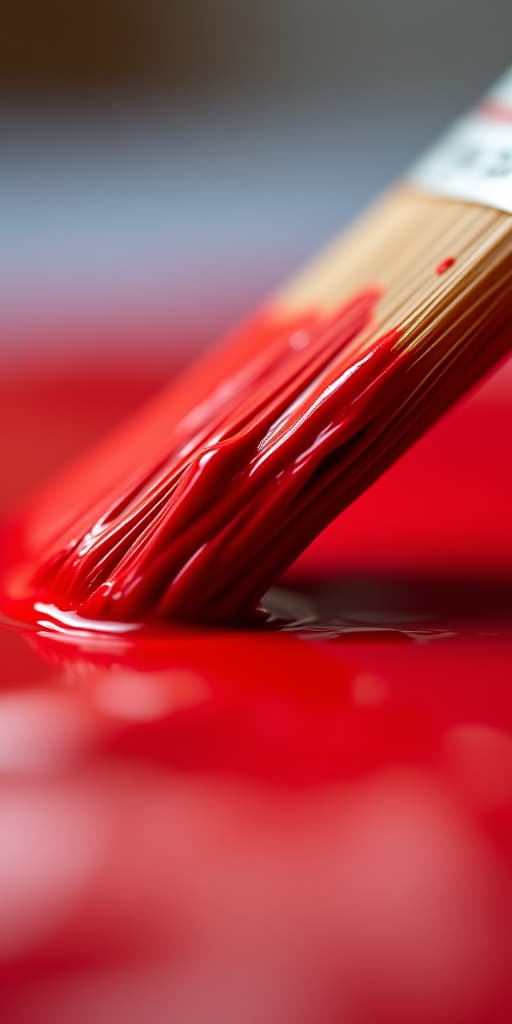  a close up of a paintbrush dipped in red paint, capturing the texture and vibrant color of the paint.