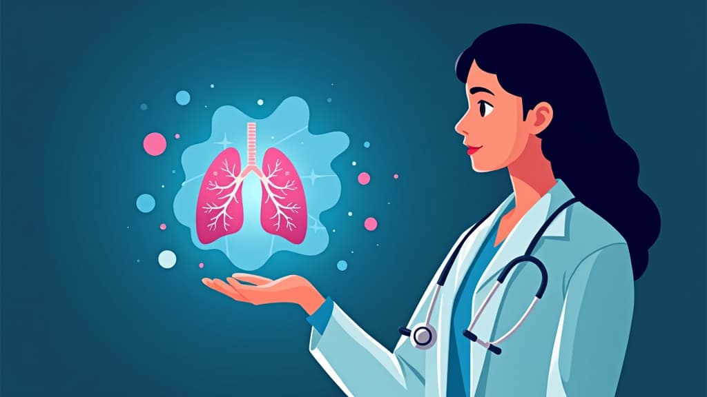  illustration woman doctor with stethoscope while holding virtual lungs in hand.