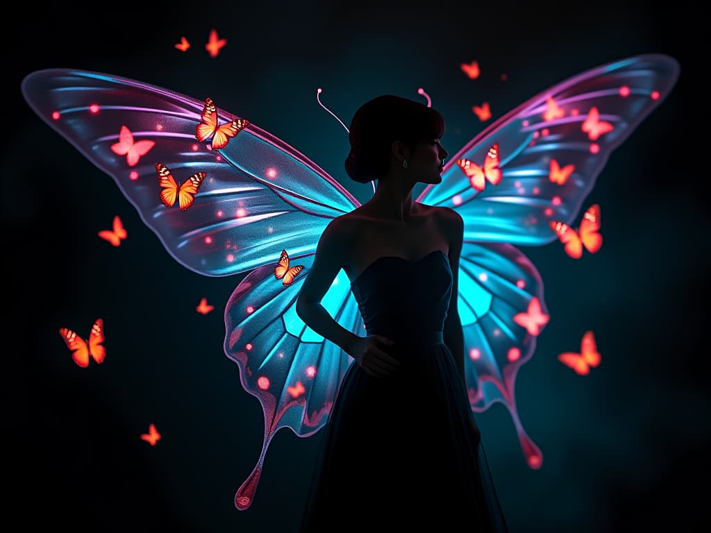  ffaor, 1woman, silhouette, black background, glowing butterflies, colorful, beautiful, elegant, hyperrealistic, full body, detailed clothing, highly detailed, cinematic lighting, stunningly beautiful, intricate, sharp focus, f/1. 8, 85mm, (centered image composition), (professionally color graded), ((bright soft diffused light)), volumetric fog, trending on instagram, trending on tumblr, HDR 4K, 8K