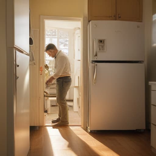 A photo of a professional appliance repair technician inspecting a malfunctioning refrigerator in a brightly lit kitchen during the late afternoon. The warm, golden sunshine streaming in through the window illuminates the scene, casting soft shadows on the intricate details of the technician's tools and the appliance's inner workings.