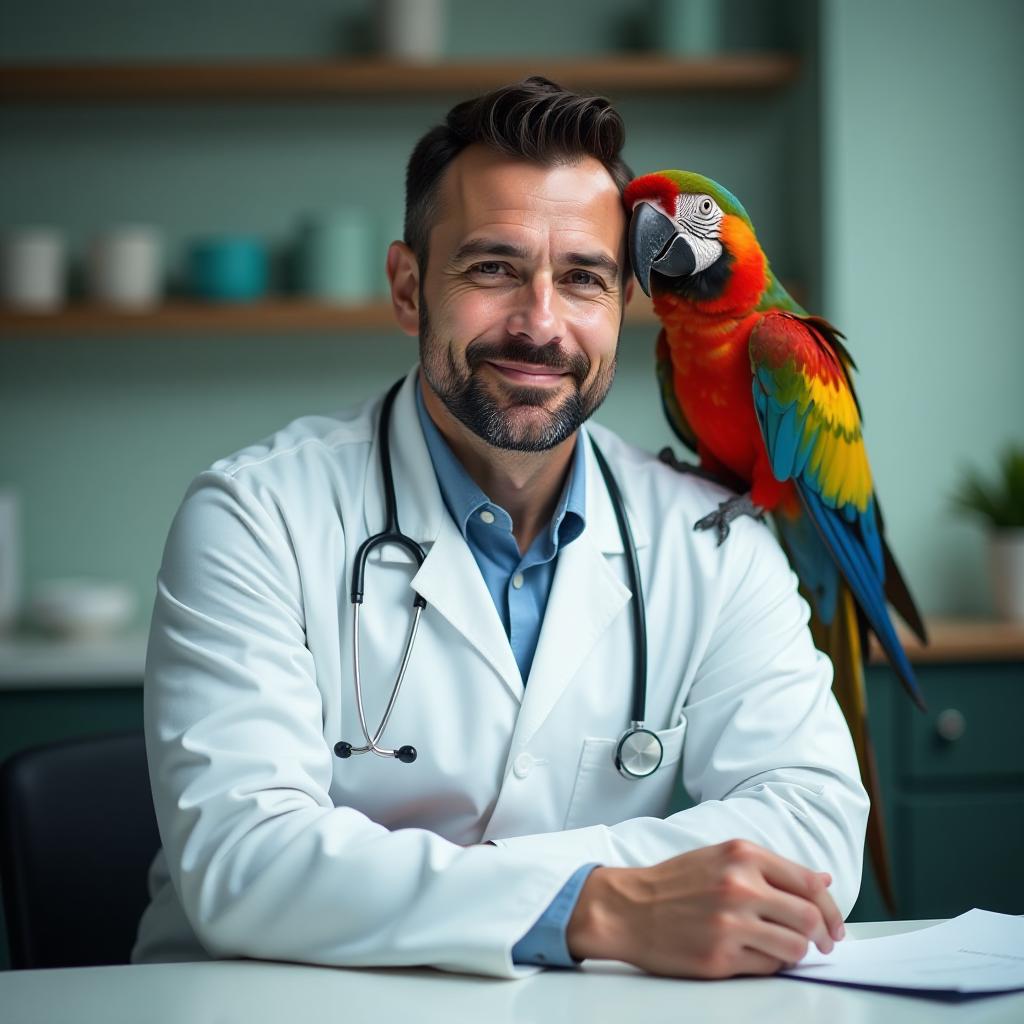  professional detailed photography, veterinarian man sitting at table in veterinary clinic with colorful parrot sitting on his shoulder, (muted colors, dim colors, soothing tones), (vsco:0.3)