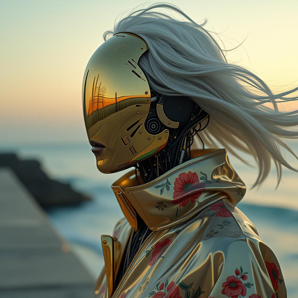  cybernetic robot hdr foto, skinny anorexic female faceless cyborg, (((wires in head mechanical parts ultra reflective pale gold faceplate:1.2))), cyborg decorated with patterns and inscriptions, gold green the gucci's signature colors print gucci raincoat, wind blows white hair, (((horizon line reflected on faceplate, (((mechanical section of the abdomen and waist:1.4)))ultra thin waist and very skinny legs, the wind blows your hair and raincoat, reflect horizon in faceplate, (((tight transparent colors reflected color pvc clothing transparent color vinyl clothing prismatic holographic chromatic aberration short unbuttoned raincoat with print decore glows slightly intricate detail))), on concrete embankment of sea curvy horizon line 