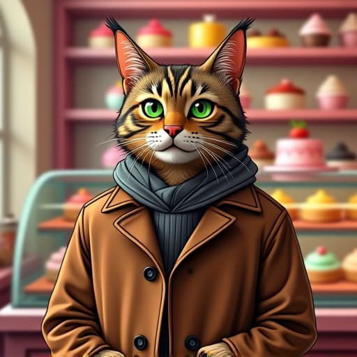  in a bustling cake shop, hemule, the anthropomorphic tabby cat, stands out with his rebellious charm. with edgy charisma and striking green eyes, he exudes confidence. the scene is vibrant, with colorful cakes and pastries filling the shelves. hemule's immaculate style contrasts against the whimsical setting, creating a striking visual in a cartoonish, comic book like style. hyperrealistic, full body, detailed clothing, highly detailed, cinematic lighting, stunningly beautiful, intricate, sharp focus, f/1. 8, 85mm, (centered image composition), (professionally color graded), ((bright soft diffused light)), volumetric fog, trending on instagram, trending on tumblr, HDR 4K, 8K