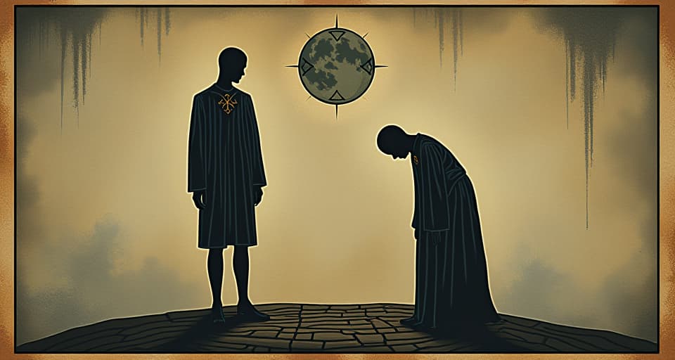  two figures comparing heights, one with a proud stance, the other with bowed head, comparison, inadequacy. an illustration in the style of a worn, mystical old tarot trump card, mysterious and elements of surrealism. the colors are muted, somber and eerie, but with contrast bring out an occult and esoteric vibe.