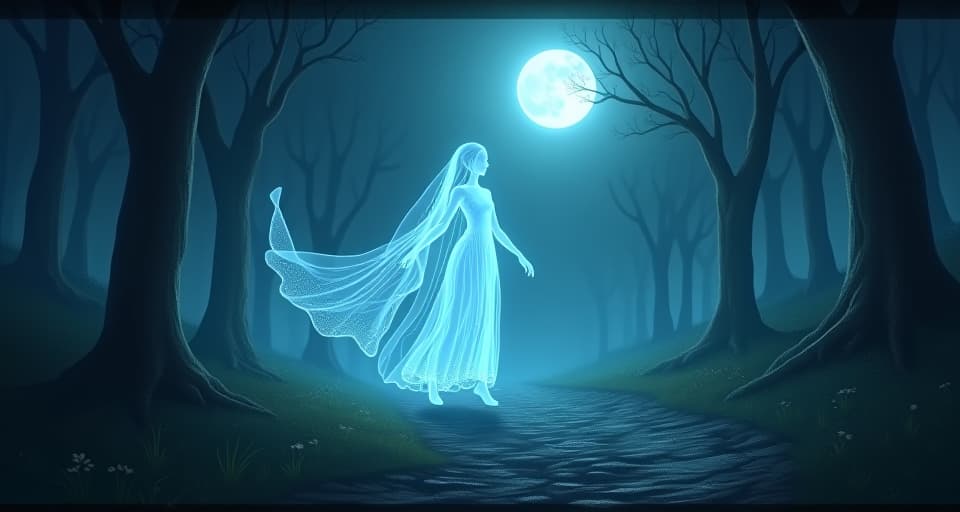  a translucent figure, ghostly and luminously ethereal, gliding through a serene, moonlit forest, its presence softly illuminating the path. spectral following, serene glow, moonlit ethereality.. the style is digital art illustration,highly detailed, whimsical,magical, dreamlike atmosphere, realism and fantasy blend, smooth, glossy textures,luminous quality, wonder and enchantment.