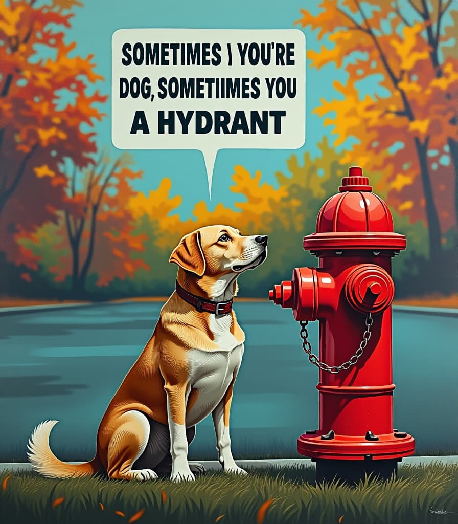  pop art style (masterpiece, oil painting), a dog sitting by a fire hydrant by the road , above a poster written in bold large print “sometimes you're a dog, sometimes you're a hydrant”, close up, high resolution, high detail . bright colors, bold outlines, popular culture themes, ironic or kitsch hyperrealistic, full body, detailed clothing, highly detailed, cinematic lighting, stunningly beautiful, intricate, sharp focus, f/1. 8, 85mm, (centered image composition), (professionally color graded), ((bright soft diffused light)), volumetric fog, trending on instagram, trending on tumblr, HDR 4K, 8K