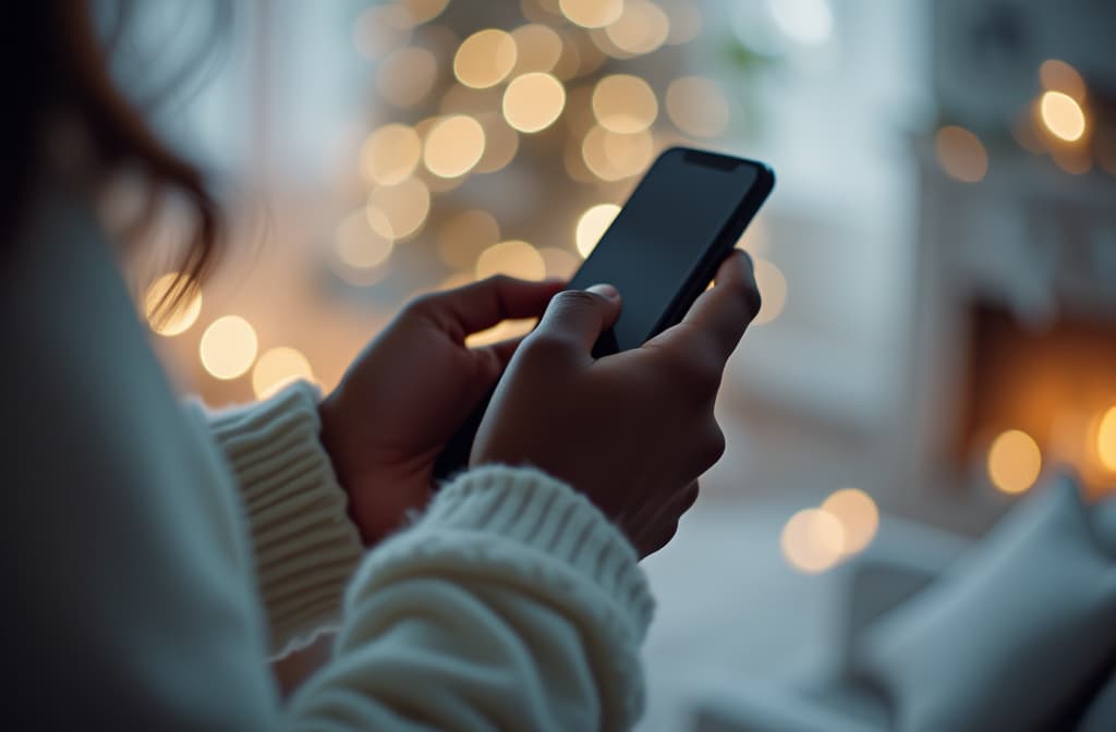  close up, black skin female hands holding phone, white wool sweater, white christmas room in background, christmas lights and bokeh ar 3:2 {prompt}, maximum details