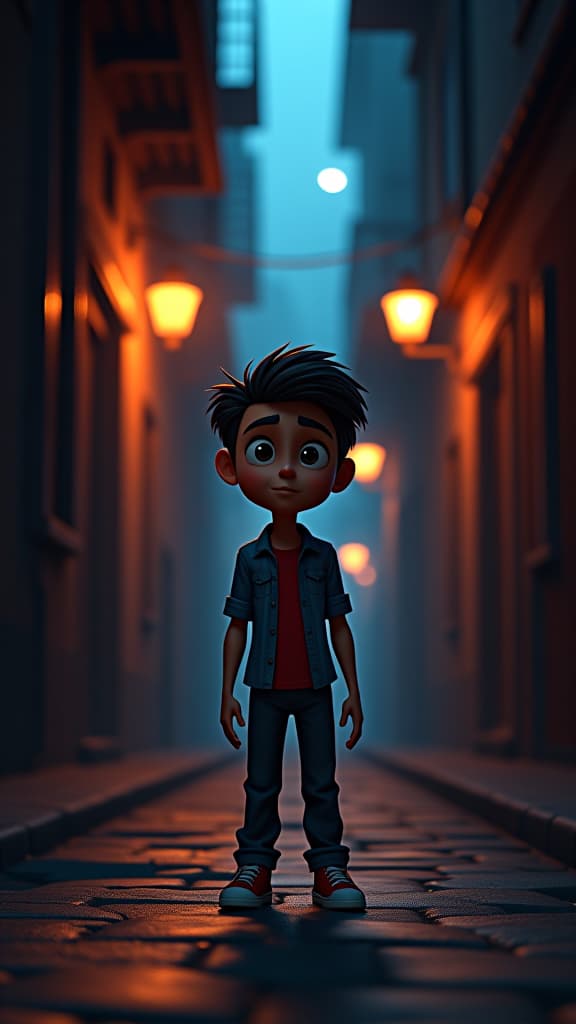  pixar style 3d animation, young man watching intently from shadows, dark alley background, dynamic lighting, vibrant colors, detailed textures